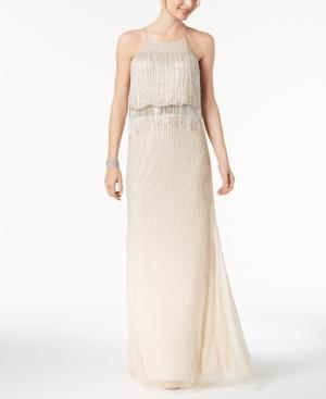 Adrianna Papell Beaded Fringe Halter Gown