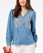 Inc International Concepts Embroidered Chambray Top, Created For Macy's