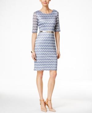 Connected Chevron-print Lace Belted Sheath Dress