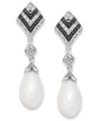 Black And White Diamond (1/3 Ct. T.w.) And Cultured Freshwater Pearl (7mm) Earrings In Sterling Silver