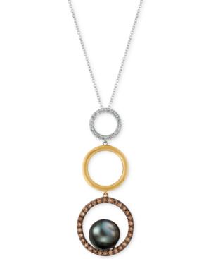 Le Vian Chocolatier Cultured Black Pearl (10mm) & Diamond (5/8 Ct. T.w.) Circle Pendant Necklace In 14k Gold, White Gold & Rose Gold