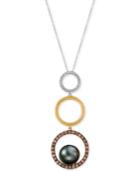 Le Vian Chocolatier Cultured Black Pearl (10mm) & Diamond (5/8 Ct. T.w.) Circle Pendant Necklace In 14k Gold, White Gold & Rose Gold