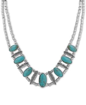 Lucky Brand Silver-tone Large Stone And Feather Beaded Double Chain Collar Necklace