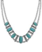 Lucky Brand Silver-tone Large Stone And Feather Beaded Double Chain Collar Necklace