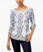 Style & Co Petite Printed Crochet-neck Top, Only At Macy's