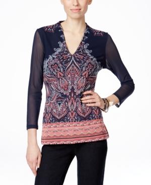 Inc International Concepts Printed Illusion-sleeve Blouse, Only At Macy's