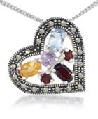 Multi-color Stones & Marcasite Floating Heart Pendant On 18 Chain In Sterling Silver
