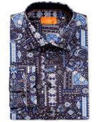 Tallia Men's Fitted Blue Patchwork-print Dress Shirt