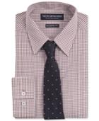 Nick Graham Men's Fitted Beige Gingham Dress Shirt & Black Solid Tie With Taupe Dots Set