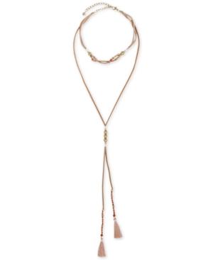 Lucky Brand Gold-tone Bead & Tassel Leather Layered Lariat Necklace, 12-1/4 + 2 Extender