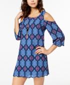 As U Wish Juniors' Printed Cold-shoulder Shift Dress With Necklace