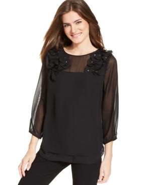 Eci Illusion Three-quarter-sleeve Floral Top