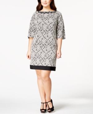 Jessica Howard Plus Size Jewel-trim Lace-print Shift Dress
