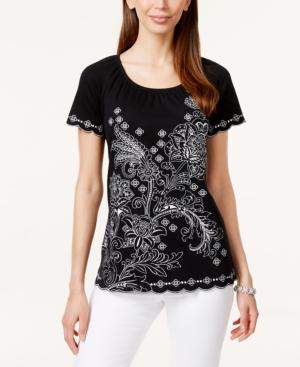 Karen Scott Petite Embroidered Short-sleeve Peasant Top, Only At Macy's