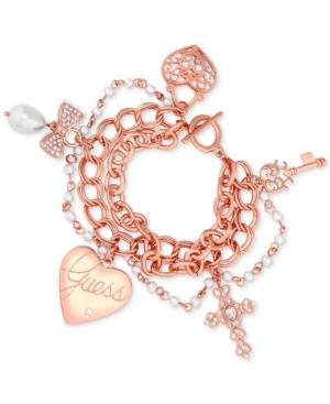 Guess Rose Gold-tone Heart & Cross Pave Charm Bracelet