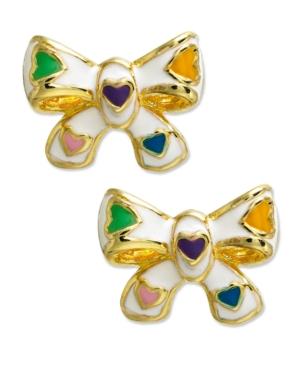 Children's 18k Gold Over Sterling Silver Earrings, White Enamel Bow Studs