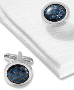 Geoffrey Beene Cufflinks, Polished Rhodium Round With Black And Blue Carbon Center Boxed Set