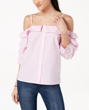 Ultra Flirt By Ikeddi Juniors' Striped Off-the-shoulder Button-front Blouse