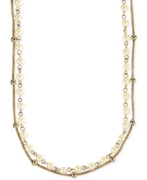 Anne Klein Gold-tone Imitation Pearl And Metallic Beaded Long Length Layer Necklace