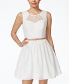 City Studios Juniors' Belted Mesh Fit & Flare Dress