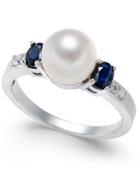 Cultured Freshwater Pearl (7mm), Sapphire (5/8 Ct. T.w.) & Diamond Accent Ring In 14k White Gold