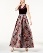 Sl Fashions Embellished Crushed Velvet & Floral-print Gown