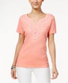 Karen Scott Petite Embroidered Split-neck Top, Only At Macy's