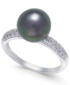 Cultured Tahitian Pearl (9mm) & Diamond (1/6 Ct. T.w.) Ring In 14k White Gold
