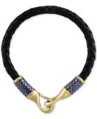 Effy Men's Black Leather Woven Bracelet In Gray Rhodium-plated And 14k Gold-plated Sterling Silver