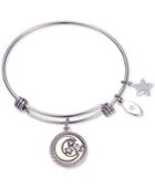 Unwritten Never Stop Looking Up Moon And Star Crystal Charm Adjustable Bangle Bracelet In Two-tone Stainless Steel