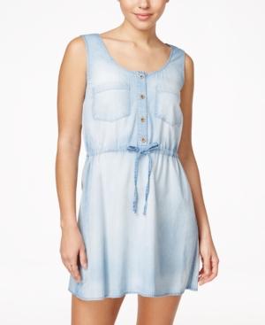 As U Wish Juniors' Crochet-back Drawstring Chambray Shirtdress