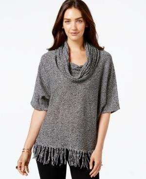 Ny Collection Short-sleeve Cowl-neck Fringe Sweater