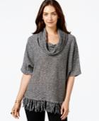 Ny Collection Short-sleeve Cowl-neck Fringe Sweater