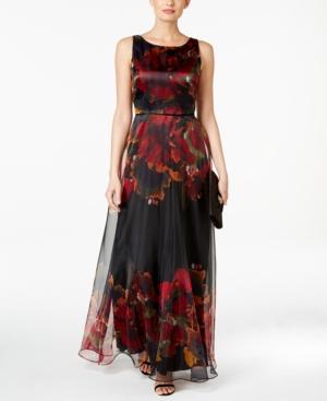 Tahari Asl Floral Chiffon Illusion Gown