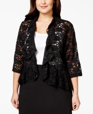 Connected Plus Size Three-quarter-sleeve Lace Ruffle Jacket