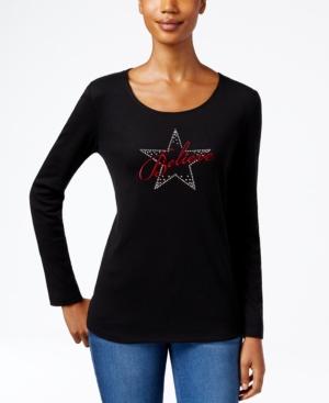 Karen Scott Petite Embellished Believe Graphic Top, Only At Macy's