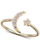 Unwritten Cubic Zirconia Moon & Star Cuff Ring In Gold-tone Sterling Silver