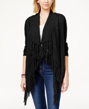 Oh! Mg Juniors' Fringed Mixed-knit Flyaway Cardigan Sweater