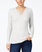 Hooked Up By Iot Juniors' Lace-up Rib-knit Sweater