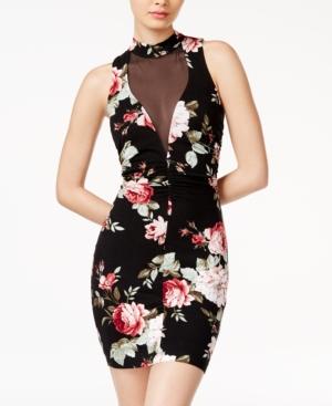 Emerald Sundae Juniors' Floral-print Illusion Bodycon Dress