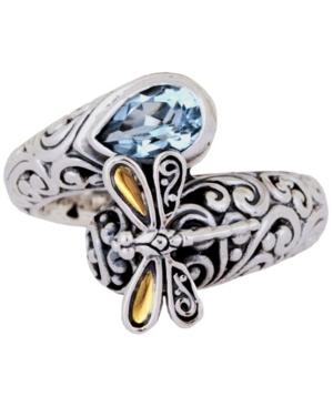 Sweet Dragonfly Classic Sterling Silver Ring Embellished By 18k Gold Accents On 4 Strips Of Dragonfly's Wings And Blue Topaz