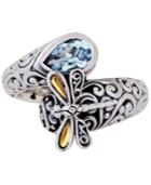Sweet Dragonfly Classic Sterling Silver Ring Embellished By 18k Gold Accents On 4 Strips Of Dragonfly's Wings And Blue Topaz