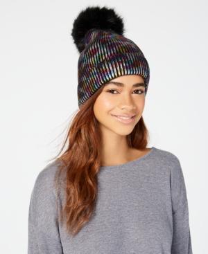 Steve Madden Metallic Ribbed Pom Pom Beanie