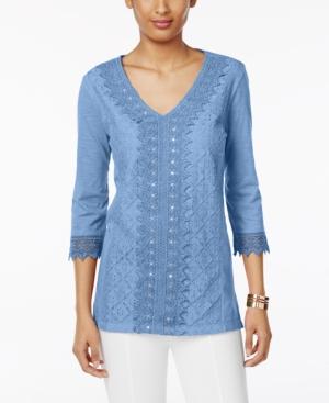 Jm Collection Sequined Lace Cotton Top, Created For Macy's