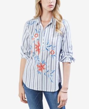 Karen Kane Cotton Striped Floral-embroidered Shirt
