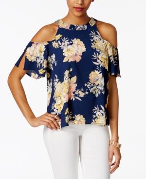 Lily Black Juniors' Printed Cold-shoulder Top
