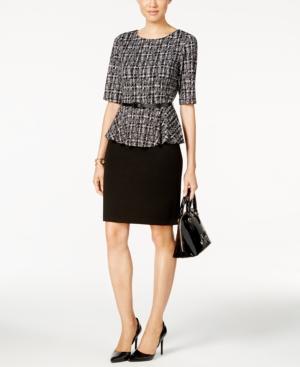 Connected Belted Tweed Peplum Sheath Dress