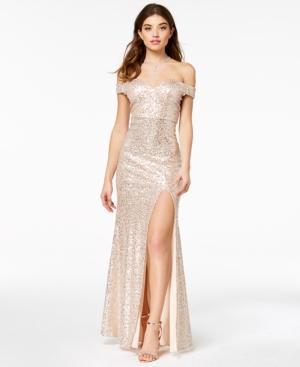 Emerald Sundae Juniors' Sequined Off-the-shoulder Gown