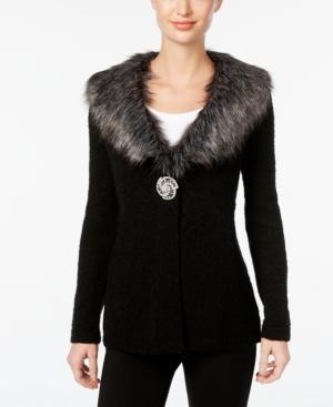 Jm Collection Faux-fur-collar Brooch Cardigan, Only At Macy's
