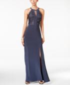 Nightway Petite Lace-trim Illusion Halter Gown